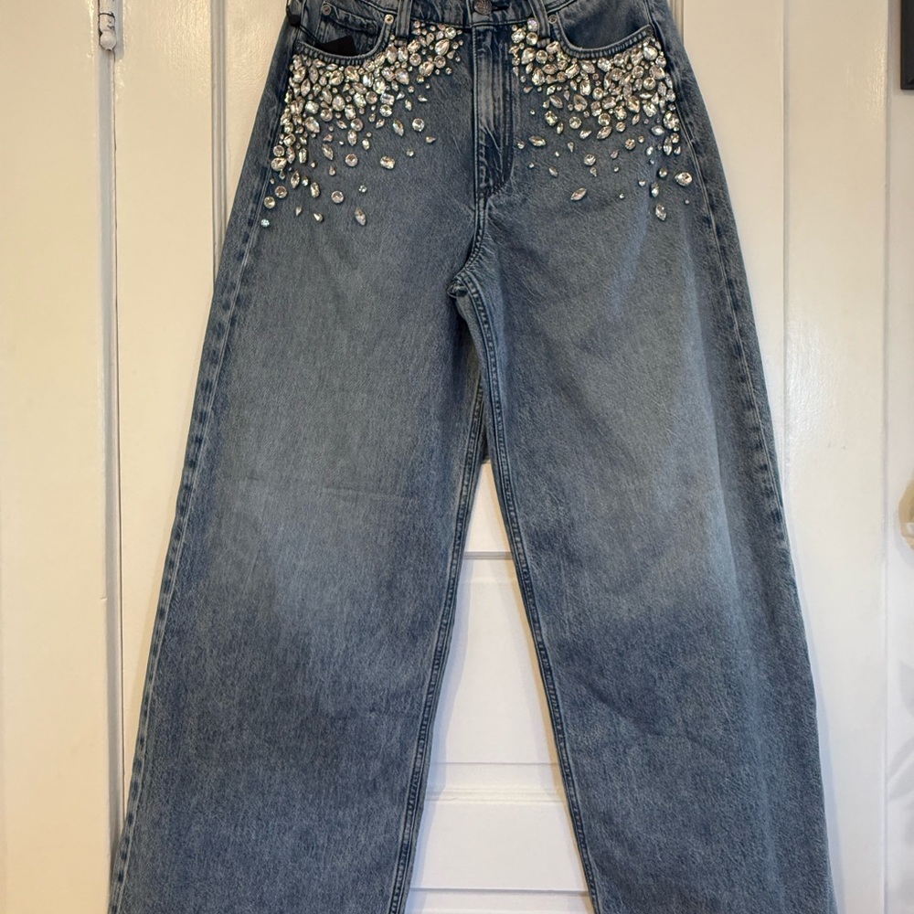 rag & bone Embellished Wide Leg Jeans - Blue